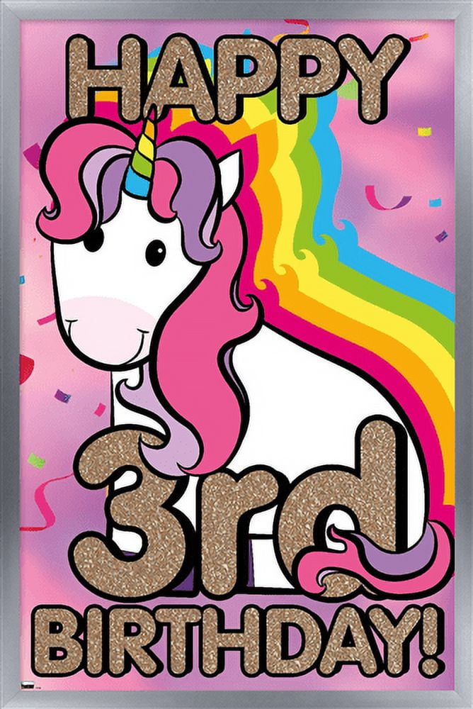Ellie Ripberger Unicorn - Happy 3rd Birthday Wall Poster, 14.725" x 22.375", Framed