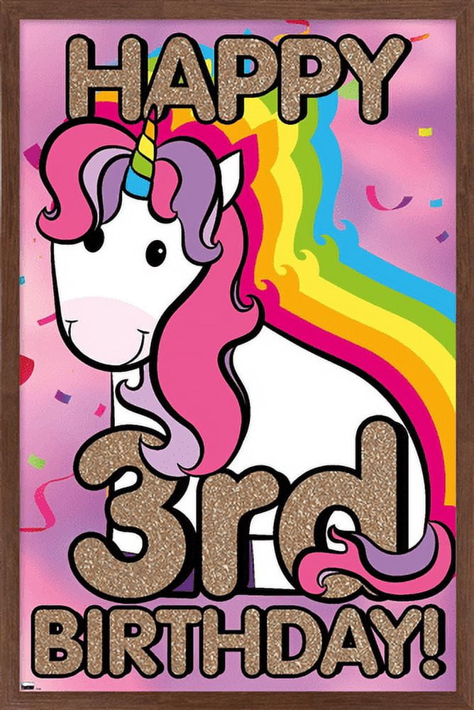 Ellie Ripberger Unicorn - Happy 3rd Birthday Wall Poster, 14.725" x 22.375", Framed