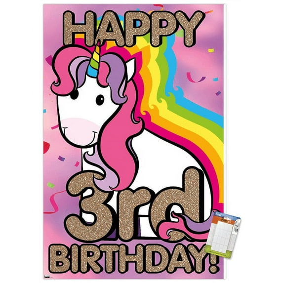 Ellie Ripberger Unicorn - Happy 3rd Birthday Wall Poster, 14.725" x 22.375"