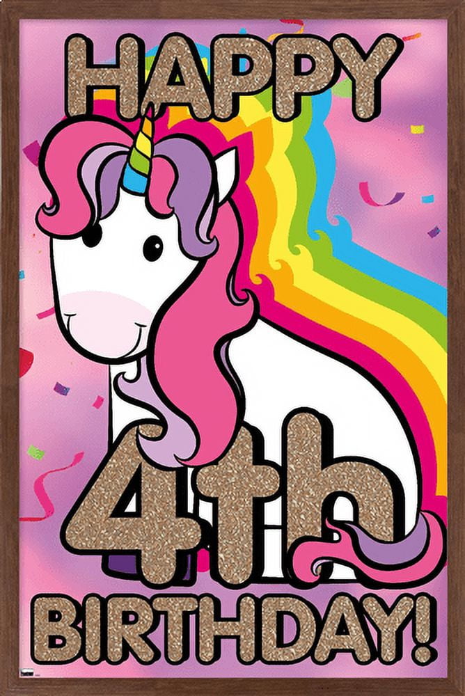 Ellie Ripberger Unicorn - Happy 4th Birthday Wall Poster, 14.725" x 22.375", Framed