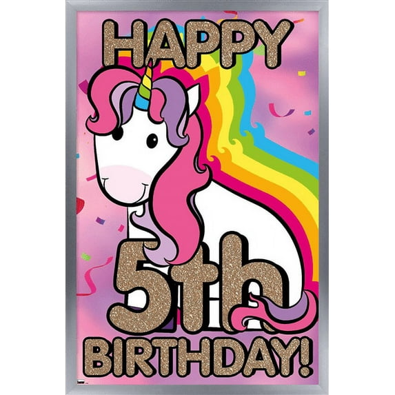 Ellie Ripberger Unicorn - Happy 5th Birthday Wall Poster, 14.725" x 22.375", Framed
