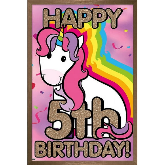 Ellie Ripberger Unicorn - Happy 5th Birthday Wall Poster, 22.375" x 34", Framed