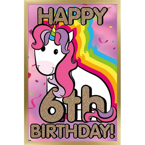 Ellie Ripberger Unicorn - Happy 6th Birthday Wall Poster, 14.725" x 22.375", Framed
