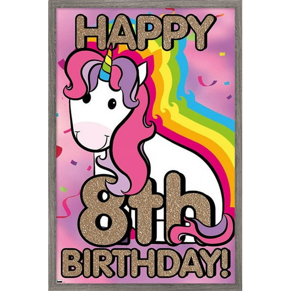 Ellie Ripberger Unicorn - Happy 8th Birthday Wall Poster, 22.375" x 34", Framed