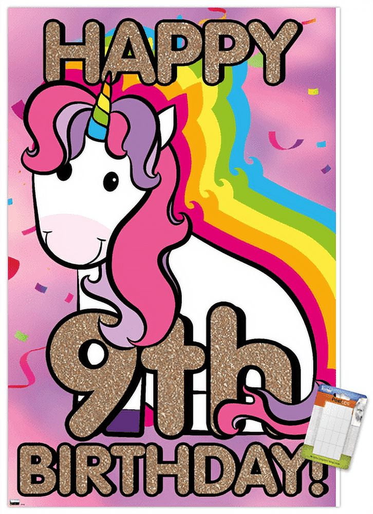 Ellie Ripberger Unicorn - Happy 9th Birthday Wall Poster, 14.725" x 22.375"