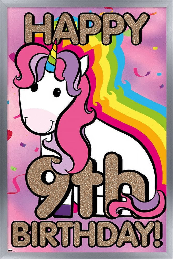 Ellie Ripberger Unicorn - Happy 9th Birthday Wall Poster, 22.375" x 34", Framed
