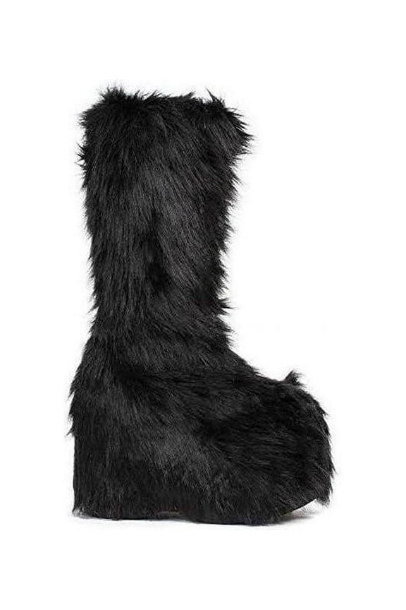 Ellie Shoe E-500-FUZZ 5" Chunky Heel Platform Boot with faux fur 6 / Black