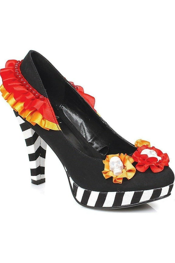 E-414-Dia 4" Heel Womans Flower with Skull Costume Pump. 5 / Black/White