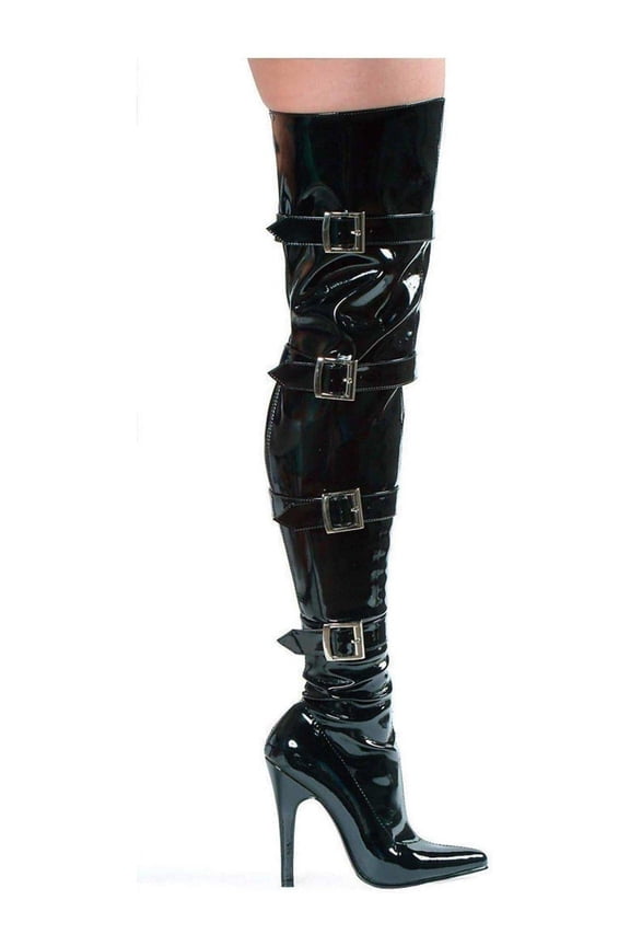 E-511-Buckleup 5" Heel Stretch Womans Thigh Boot with Buckles & Inner zipper. 10 / Black