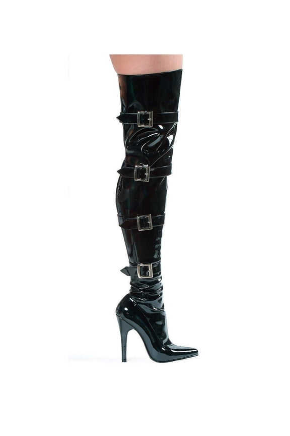 Shoes E-511-Buckleup 5" Heel Stretch Womans Thigh Boot with Buckles & Inner zipper. 5 / Black PU