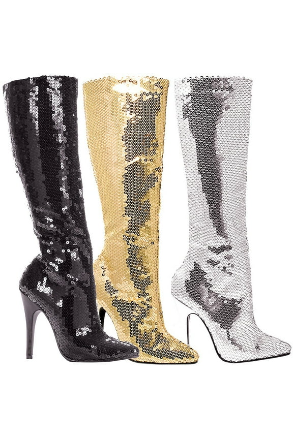 E-511-Tin 5" Heel with Sequins Womens Knee Boot. Black / 5