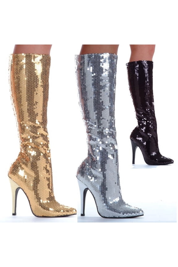 E-511-Tin 5" Heel with Sequins Womens Knee Boot. Black / 8