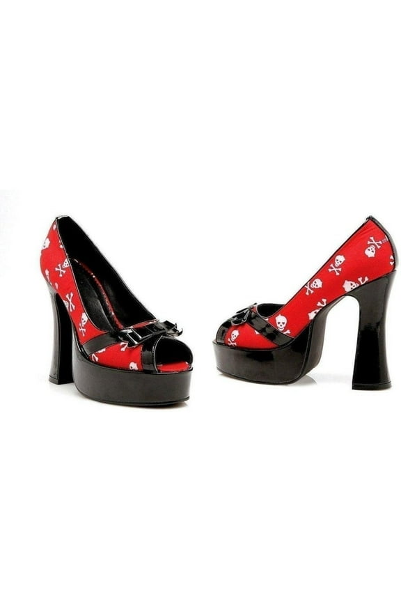 E-557-Skully 5" Chunky Heel Satin Skull Womens Peep Toe Pump 7 / Black/Red