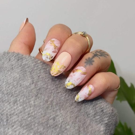 Ellie Vincy Almond Press-On Nails | Gold Marble Art | Reusable Fake Nails | 15 Sizes - 30 Kit with Glue & Tabs