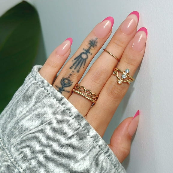 Ellie Vincy Press-On Nails Hot Pink French Tip, Glossy Nude Base, Almond Shape, Reusable 15-Size Kit 30 Nails with Glue & Sticky Tabs