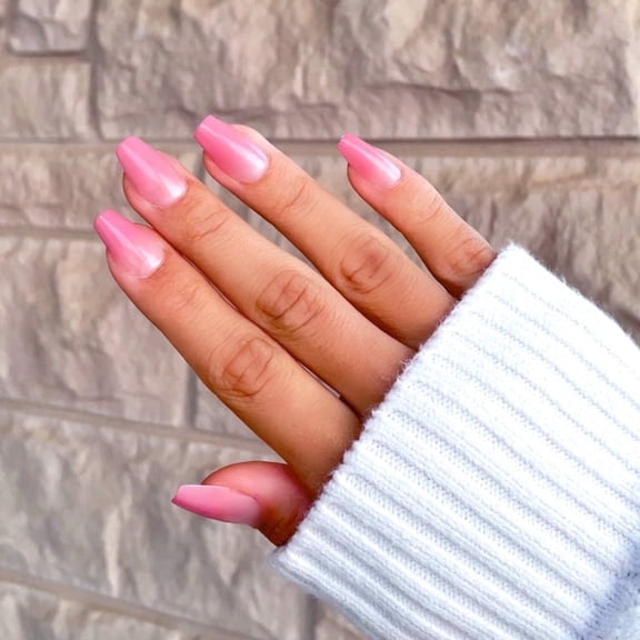 Ellie Vincy Press On Glue On Nails Petal Fade Pink Ombre | Medium Coffin Shape, 30 Piece Set with Glue and Sticky Tabs, 15 Sizes