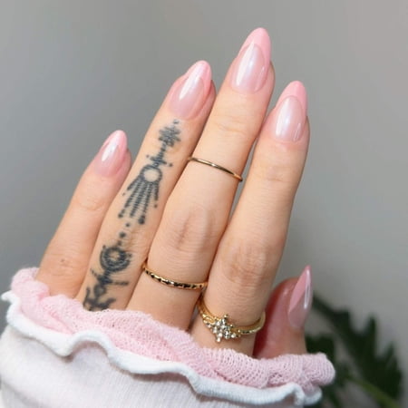 Ellie Vincy Press On Nails - Pink Allure French Nails Glaze, Short Almond Shape, Reusable Nails in 15 Sizes - 30 Nail Kit with Glue and Sticky Tabs