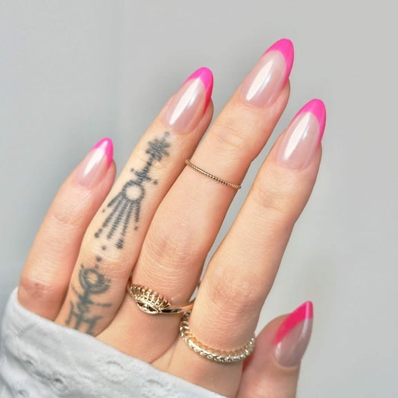 Ellie Vincy Press On Glue On Nails  Pink Glazed French Tip | Short Almond Shape, 30 Piece Set with Glue and Sticky Tabs, 15 Sizes