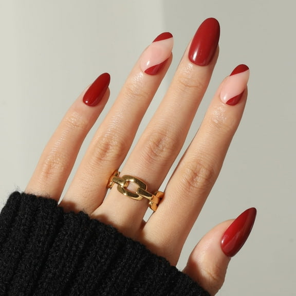 Ellie Vincy Press On Glue On Nails – Glossy Red Lines | Medium Almond Shape, 30 Piece Set with Glue and Sticky Tabs, 15 Sizes