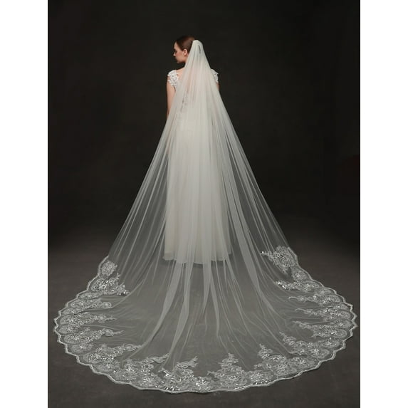 EllieWely 1 Tier Cathedral Length 3.5 M(138 inch) Bling Sequin Lace Wedding Bridal Veil With Metal Comb Ivory