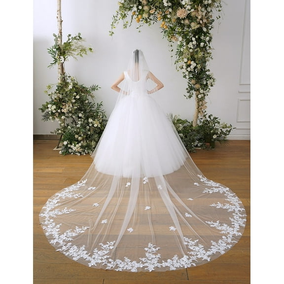 EllieWely 1 Tier Cathedral Length 3.5 M(138 inch) Floral Lace Wedding Bridal Veil With Metal Comb Ivory