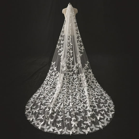 EllieWely 1 Tier Cathedral Length 3 M(118 inch) butterfly lace Wedding Bridal Veil With Metal Comb L60 White