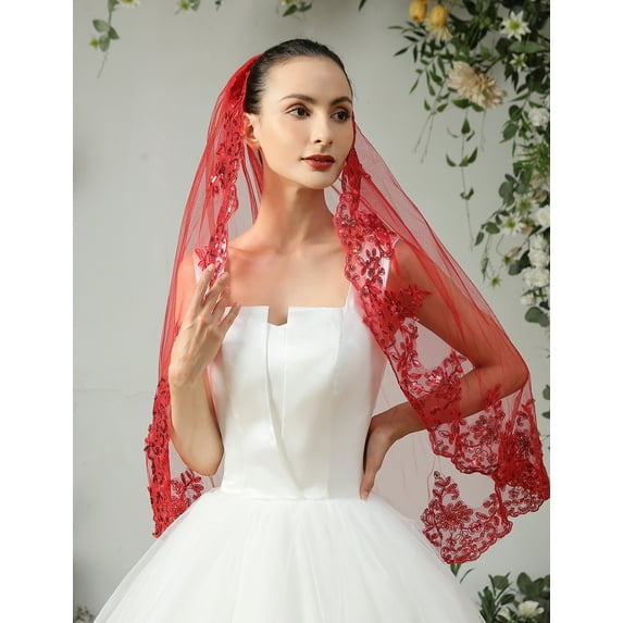 EllieWely 1 Tier Fingertip Length 90 cm(35 inch) Bling Bling Sequin Lace Edge Wedding Bridal Veil With Metal Comb L69