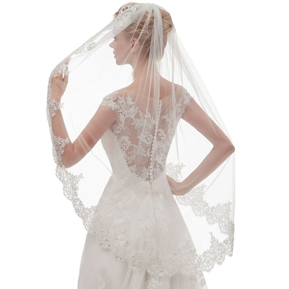 EllieWely 1 Tier Fingertip Length 90 cm(35 inch) Lace Edge Wedding Bridal Veil With Metal Comb L69