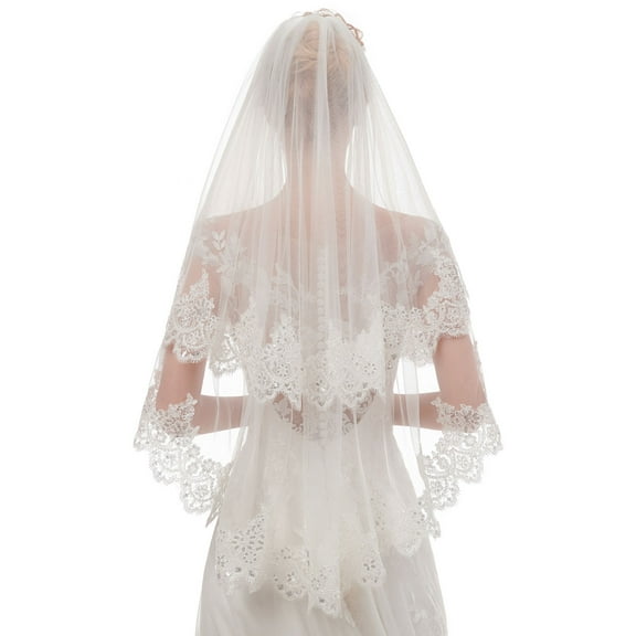 EllieWely 2 Tier Fingertip Length 90 cm(35 inch) Bling Sequin Lace Wedding Bridal Veil With Metal Comb L64 Ivory