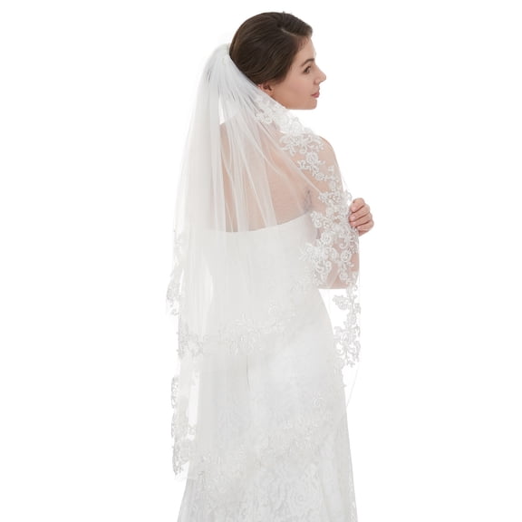 EllieWely 2 Tier Fingertip Length 90 cm(35 inch) Lace And Pearl Wedding Bridal Veil With Metal Comb L37