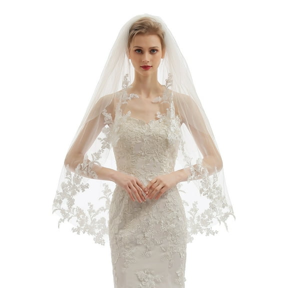 EllieWely 2 Tier Fingertip Length 90 cm(35 inch) Lace Wedding Bridal Veil With Metal Comb X07