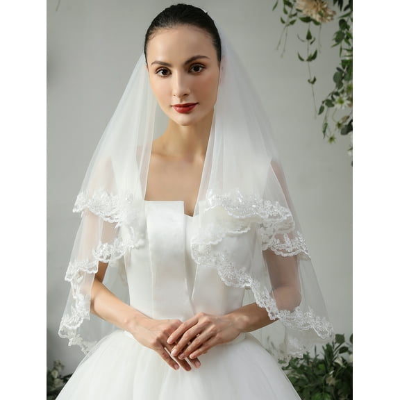 EllieWely 2 Tier Fingertip Length 90cm(35 inch) Sequin Lace Wedding Bridal Veil With Metal Comb X80