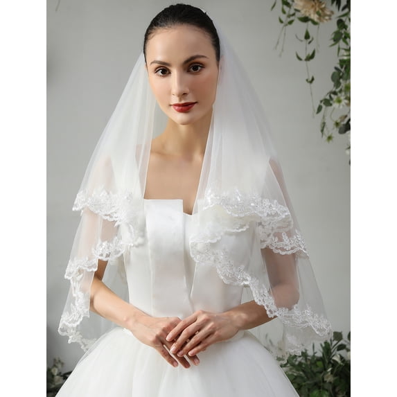 EllieWely 2 Tier Fingertip Length 90cm(35 inch) Sequin Lace Wedding Bridal Veil With Metal Comb X80