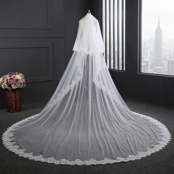 EllieWely 2 Tier Wedding Veil Cathedral Length 3.5 M(138 inch) Bling Sequin Lace Bridal Veil With Metal Comb HL08 Ivory