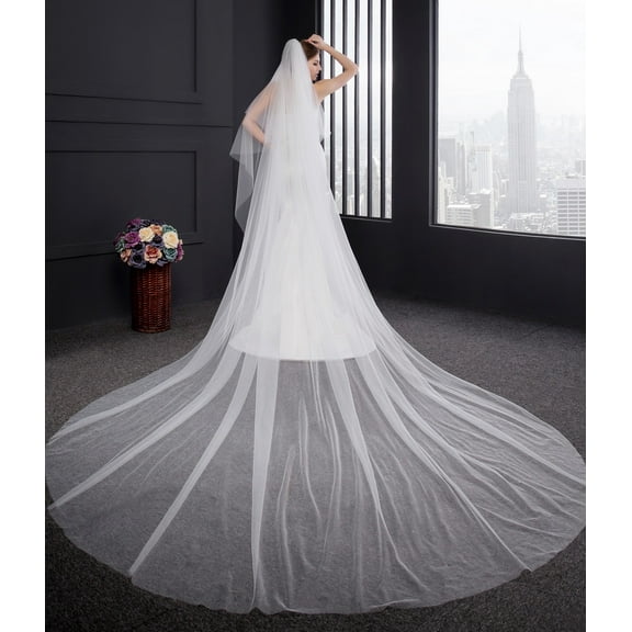 EllieWely 2 Tier Wedding Veil Cathedral Length 3.5 M(138 inch) Plain Tulle Bridal Veil With Metal Comb L11 Ivory