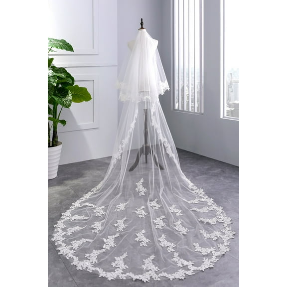 EllieWely 2 Tier Wedding Veil Chapel Length 3 M(118 inch) Lace Bridal Veil With Metal Comb E02 Ivory