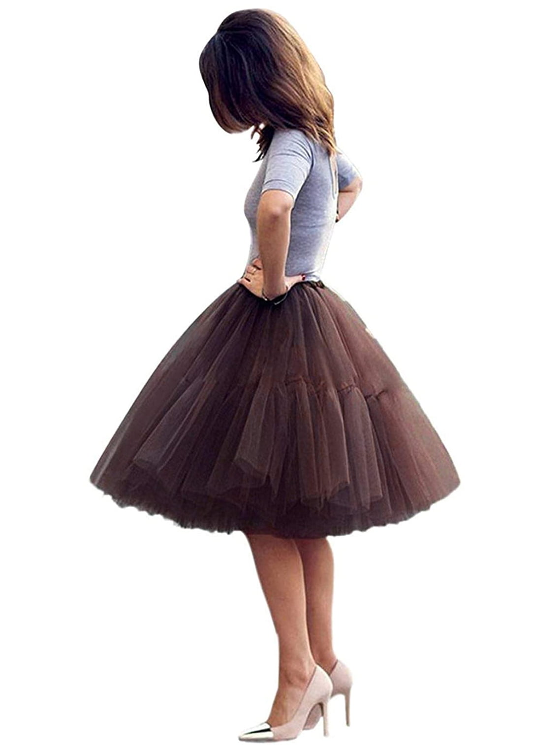Elliewely 20+ Colors Women's Mid Length Tulle Tutu Skirt Brown Size 5XL Plus Size