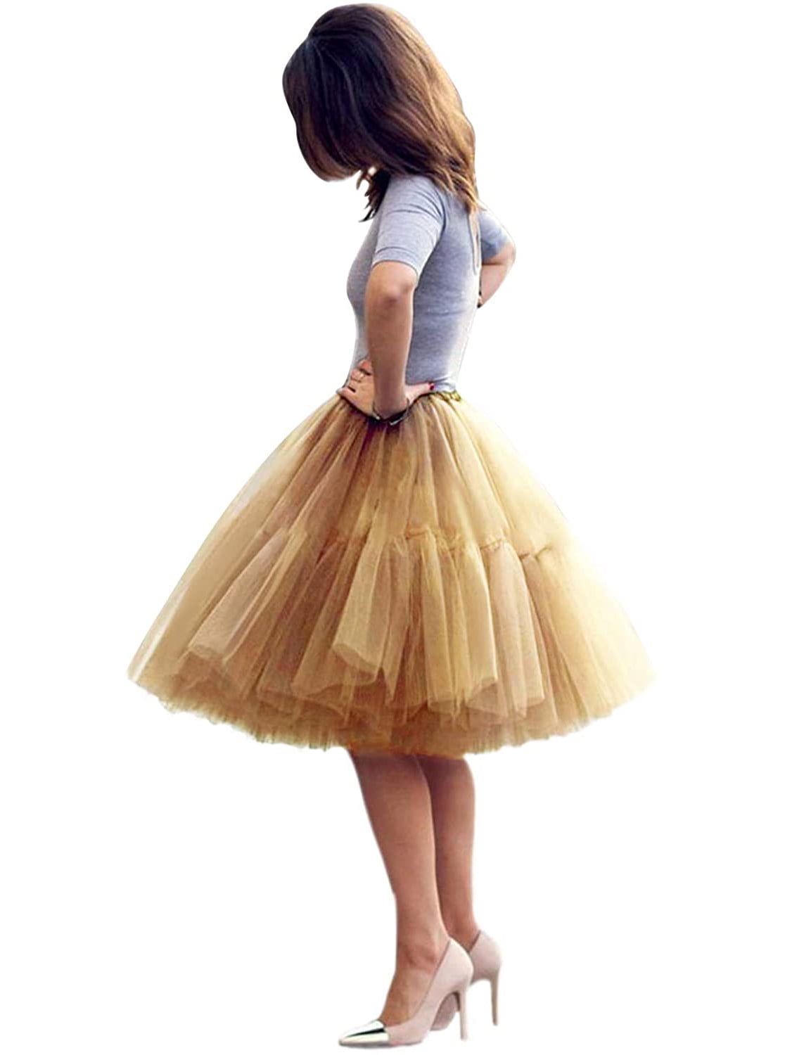 EllieWely 20+ Colors Women's Mid Length Tulle Tutu Skirt Gold Size
