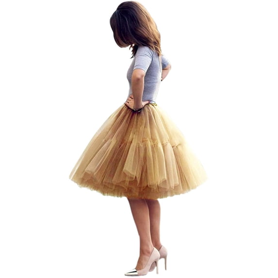 EllieWely 20+ Colors Women's Mid Length Tulle Tutu Skirt Gold Size XL/XXL
