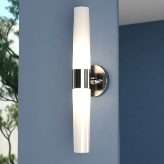 Elliot 2 Light LED Compatible Satin Nickel Contemporary Bathroom Vanity Wall Sconce Fixture White Glass