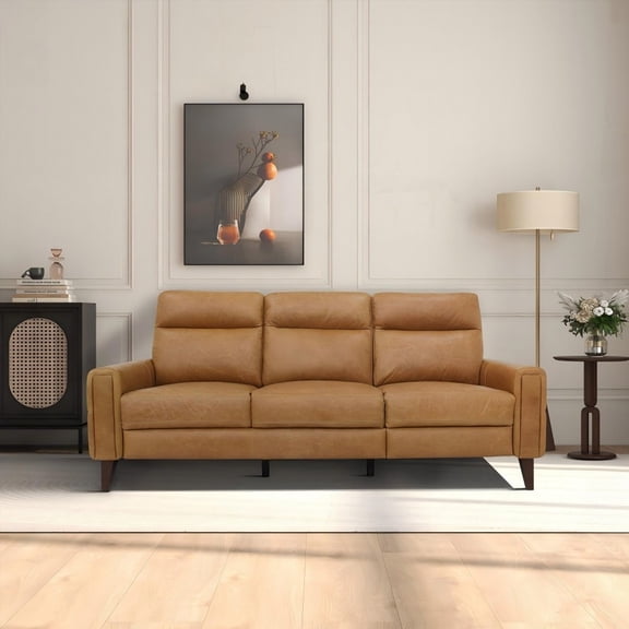 Elliot Incliner Sofa Left - Waxy Tan Leather - Solid Wood Frame & Block Wood Joints 78.7" Cognac Tan Brown Leather Couch