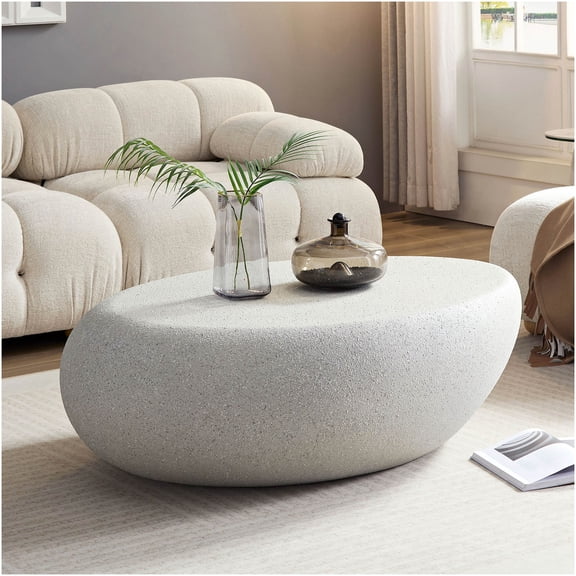 Elliptical Coffee Table for Living Room, Vintage Beige Fiberglass Sofa Table with Matte Rocks Texture, No Assembly Required