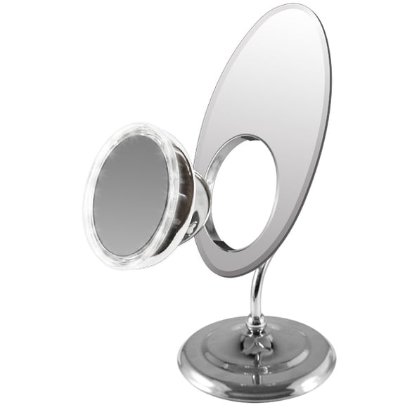 Elliptical Frameless Glass Classy Vanity Make up Mirror with Mini Removable 5" Round 10x Magnification LED Lighted Insert Magnetic Suction Mirror -8"x8"x16.75"H