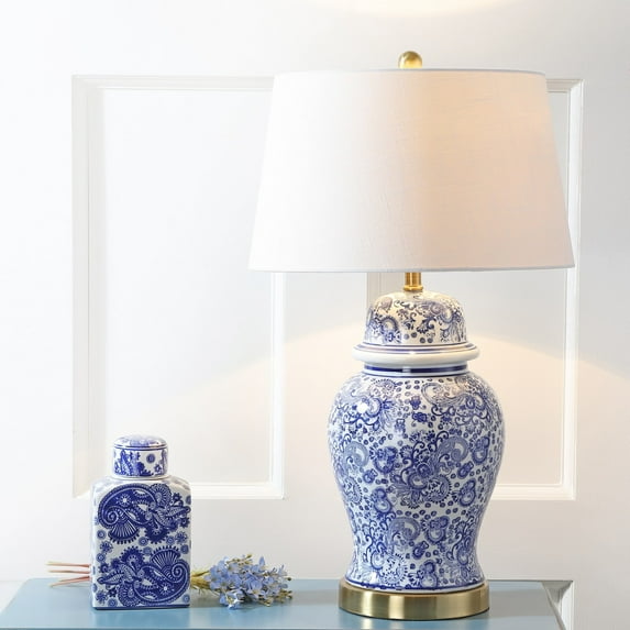 JONATHAN Y Ellis 29.5" Ceramic LED Table Lamp, Blue/White, JYL3008A