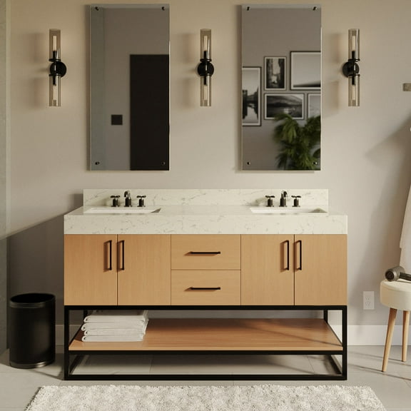 Ellis 60" Double Bathroom Vanity with Blonde Cabinet and Engineered Marble Countertop