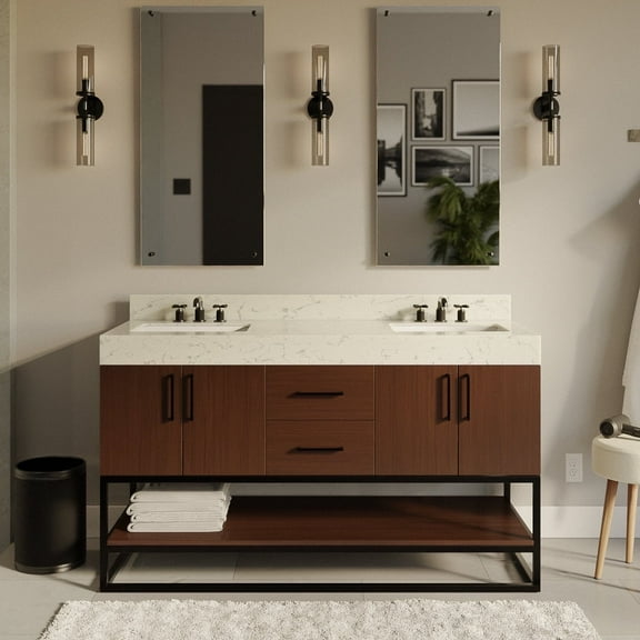 Ellis 60" Double Bathroom Vanity with Walnut Cabinet and Engineered Marble Countertop