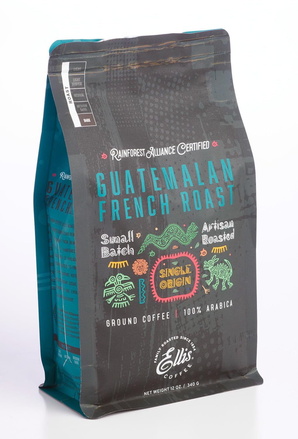 Ellis Coffee - Guatemalan French Roast  Dark Roast  Rainforest Alliance Certified Ground Coffee  12 oz Resealable Bag