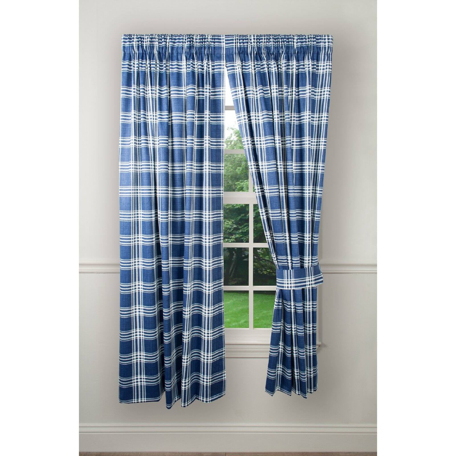 Blue Cotton Plaid Rod Pocket Window Curtains 84"