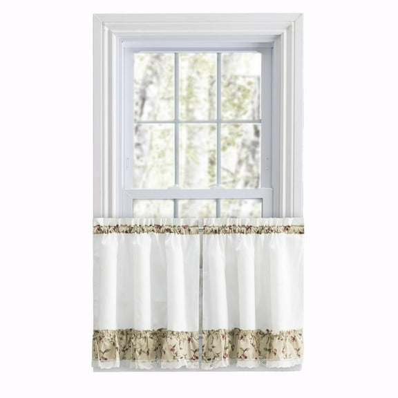 Ellis Curtain Cherries Ruffled 1.5" Rod Pocket Window Curtain Tiers 58"x24" Natural