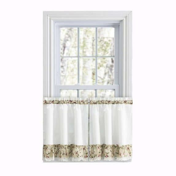 Ellis Curtain Cherries Ruffled 1.5" Rod Pocket Window Curtain Tiers 58"x36" Natural